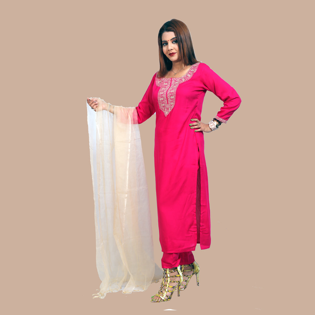 Suit sets emboridery rayon magenta with dupatta