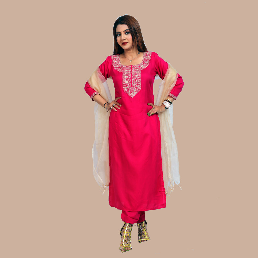 Suit sets emboridery rayon magenta with dupatta