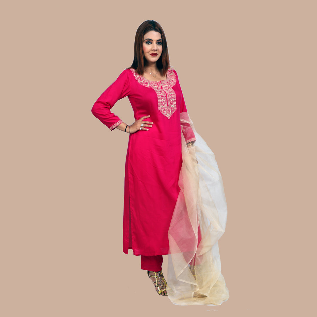 Suit sets emboridery rayon magenta with dupatta