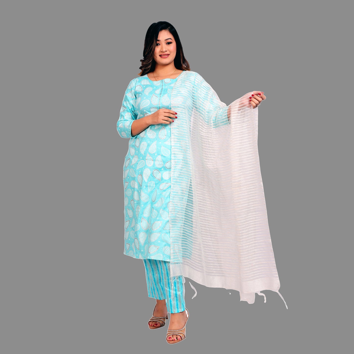 Suit set Printed Rayon Sky Blue with Dupatta