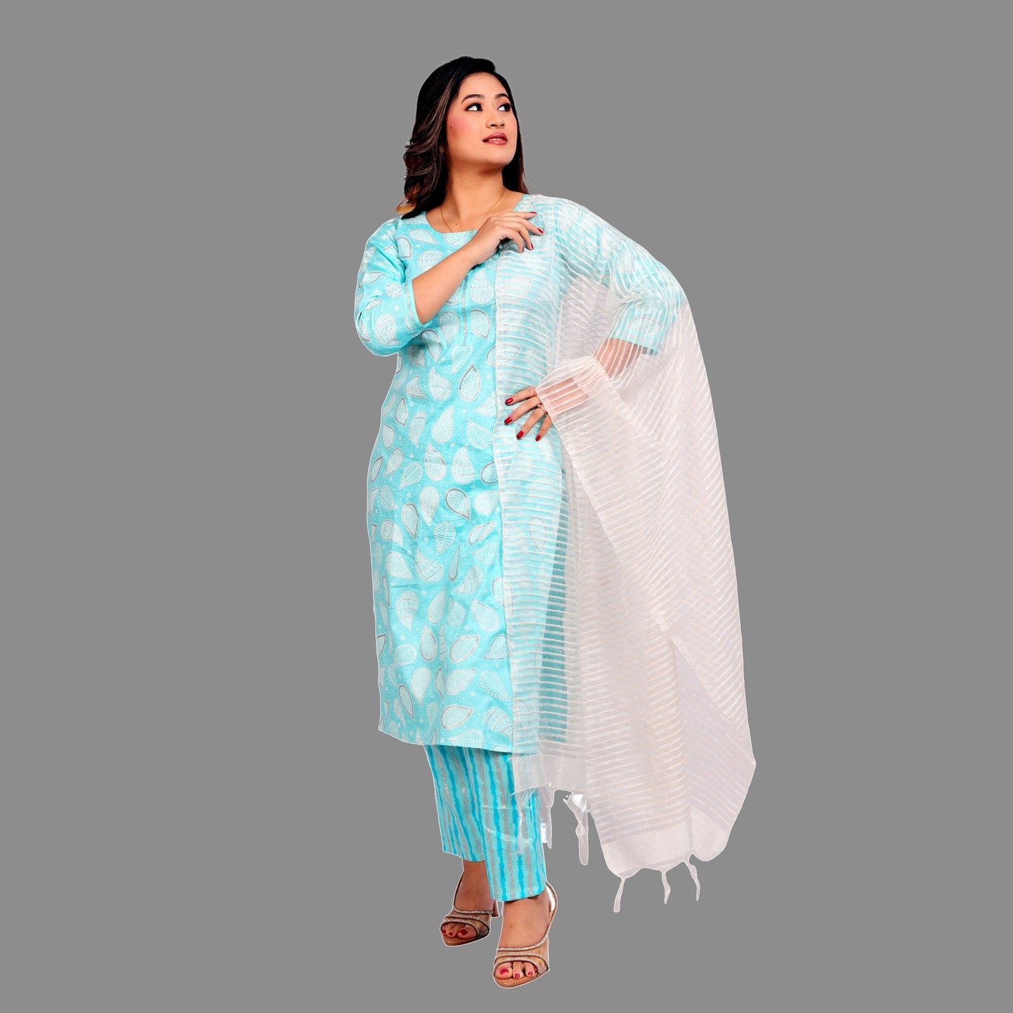 Suit set Printed Rayon Sky Blue with Dupatta