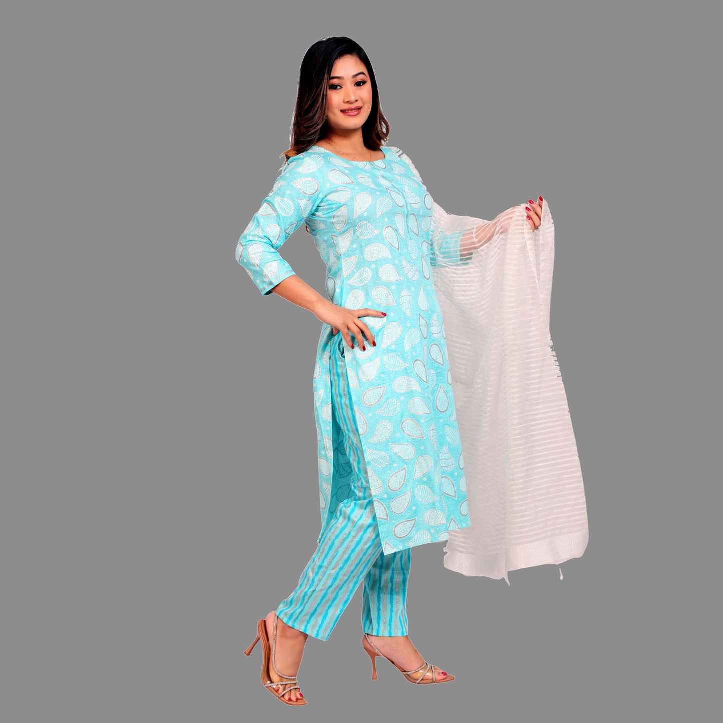 Suit set Printed Rayon Sky Blue with Dupatta