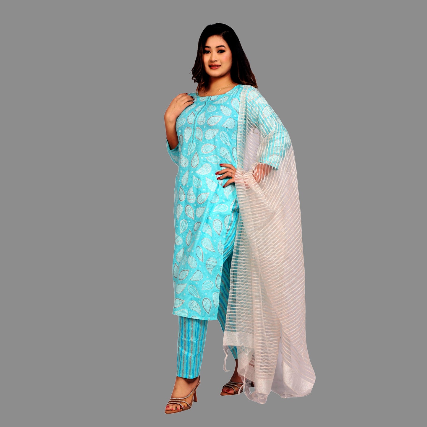 Suit set Printed Rayon Sky Blue with Dupatta