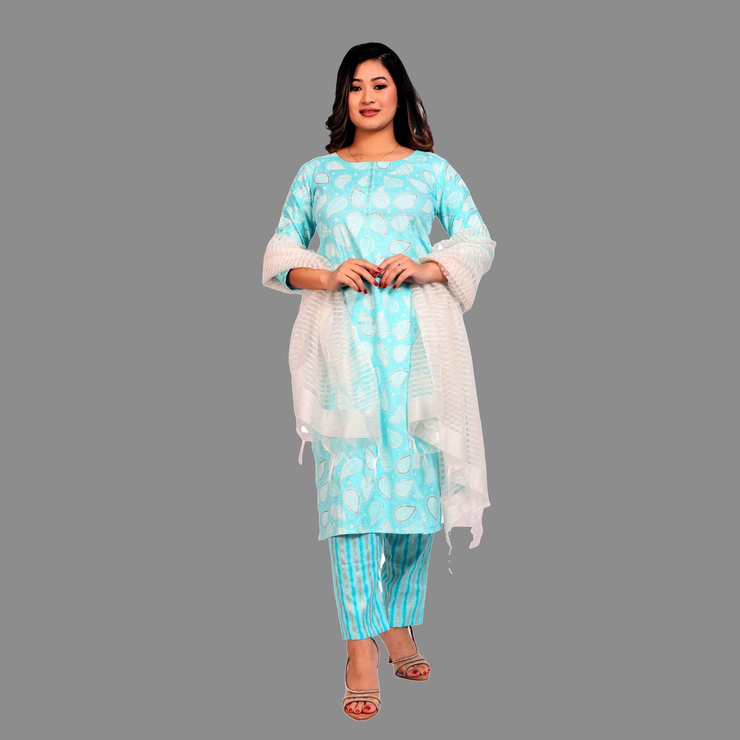 Suit set Printed Rayon Sky Blue with Dupatta