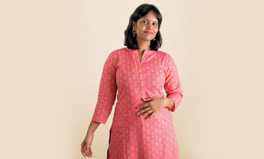 The long kurta in pink Katha digital print cotton fabric