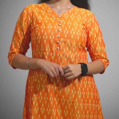 Long Kurta Marcerised Cotton Ikat Yellow