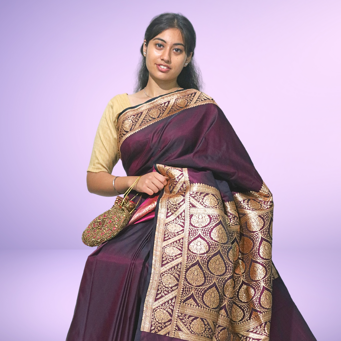 Saree Meshru Silk with blouse Dark Purple Plan Body with Heavy Pallu