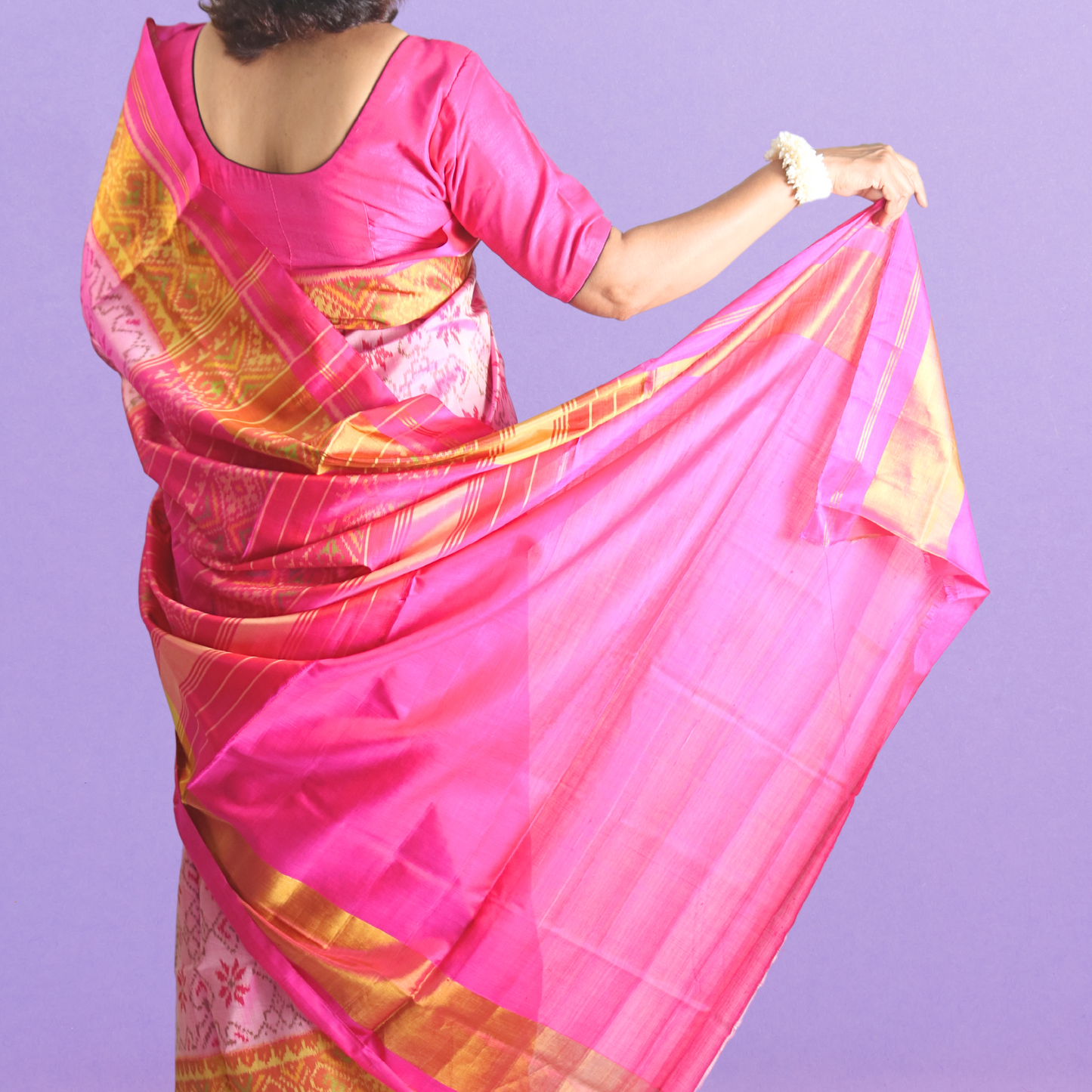 Silk Single Ikat Pink Saree with blouse