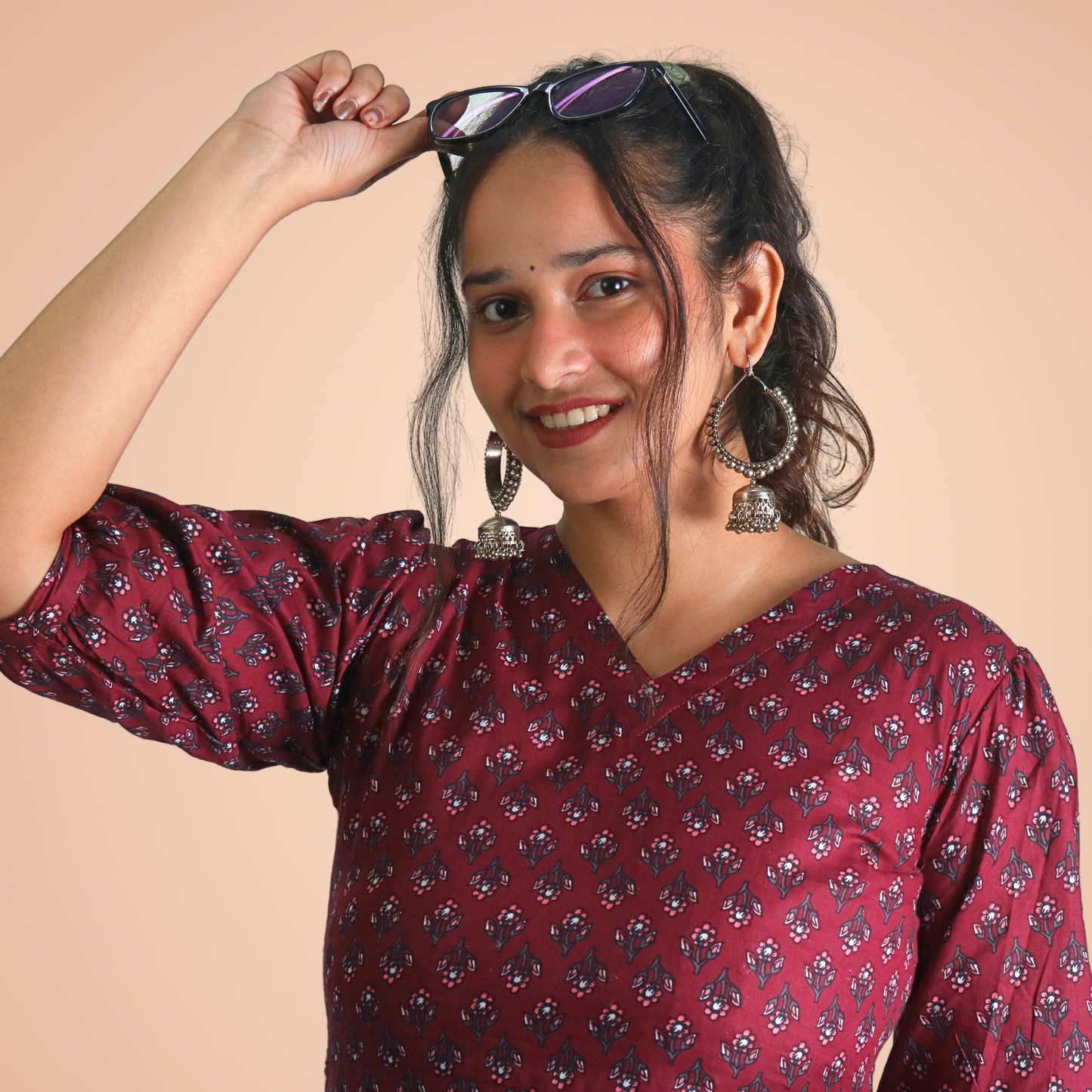 Long Kurta Printed Cotton Maroon