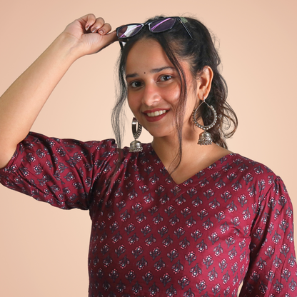 Long Kurta Printed Cotton Maroon