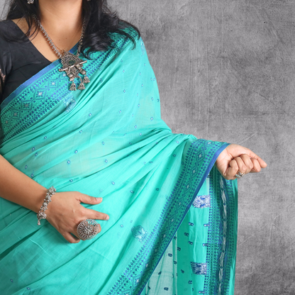 Cotton Bomkai Green Saree with blouse