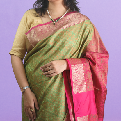 Saree Resham Tanchhui with Blouse Green with Mageanta Pallu