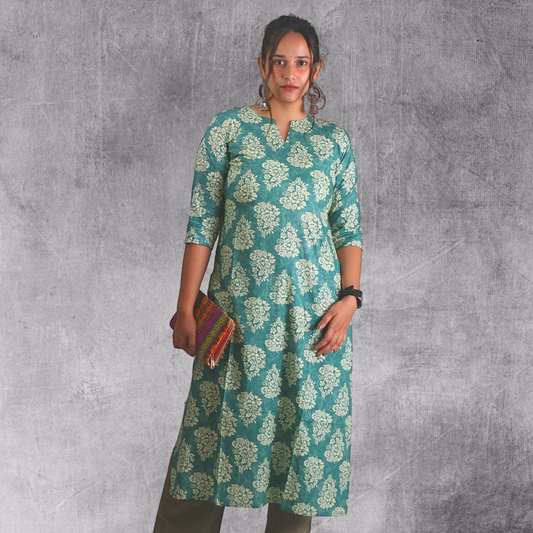 Long Kurta Printed Cotton Green