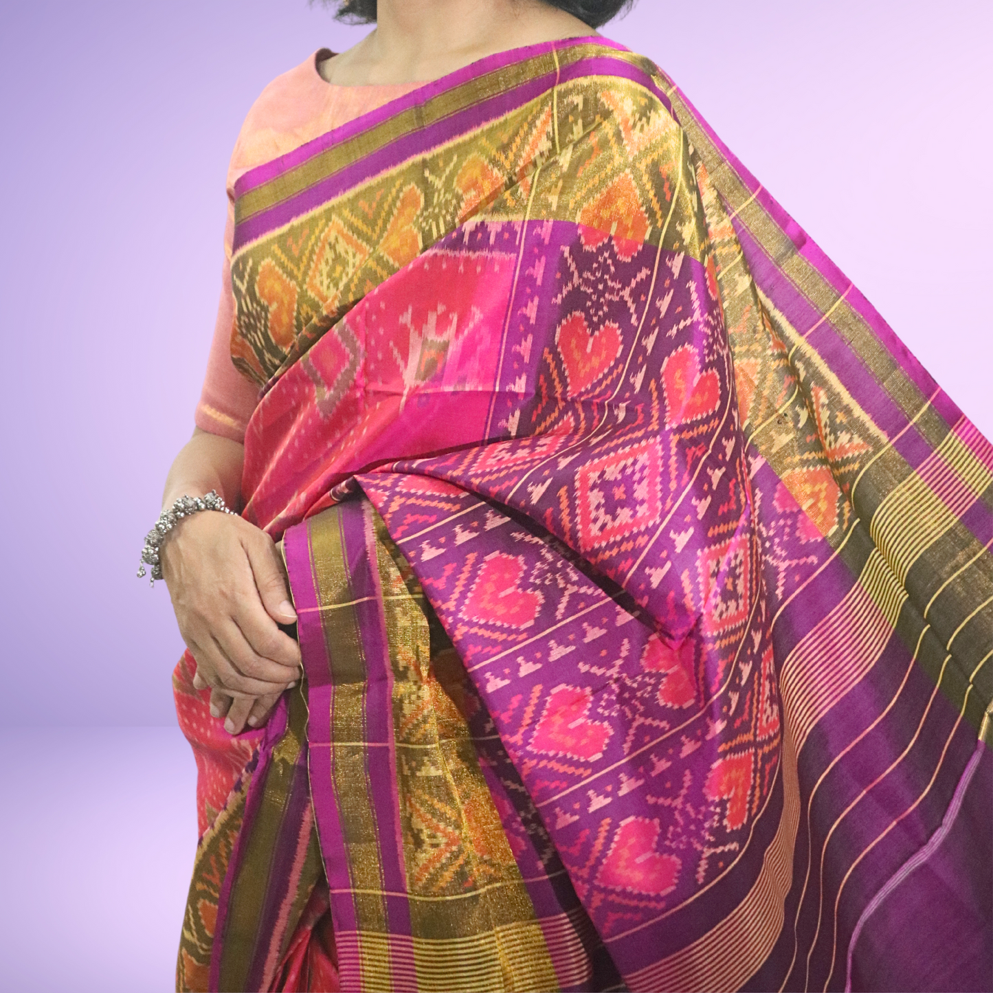 Silk Border Pallu Saree with blouse Pink body with Purple Pallu Border