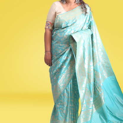 Saree Upada Alphi Dungla with blouse Marine Blue with Golden Jal