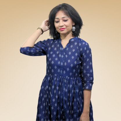 Long Kurta Marcerised Cotton Ikat Blue