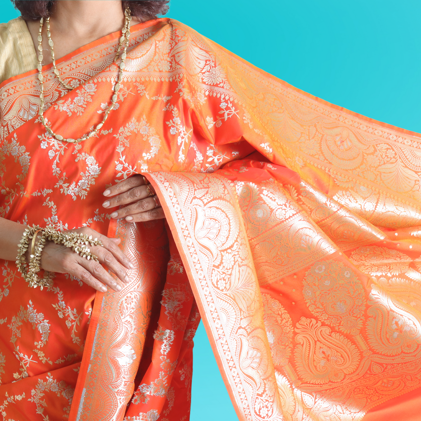 Saree Upada Alphi Dungla with blouse Orange with Golden Jal