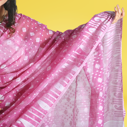 Cotton Silk Jamdani Akai Pallu Saree with blouse Light Pink