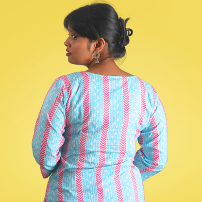 Long Kurta Printed Cotton Sky Blue