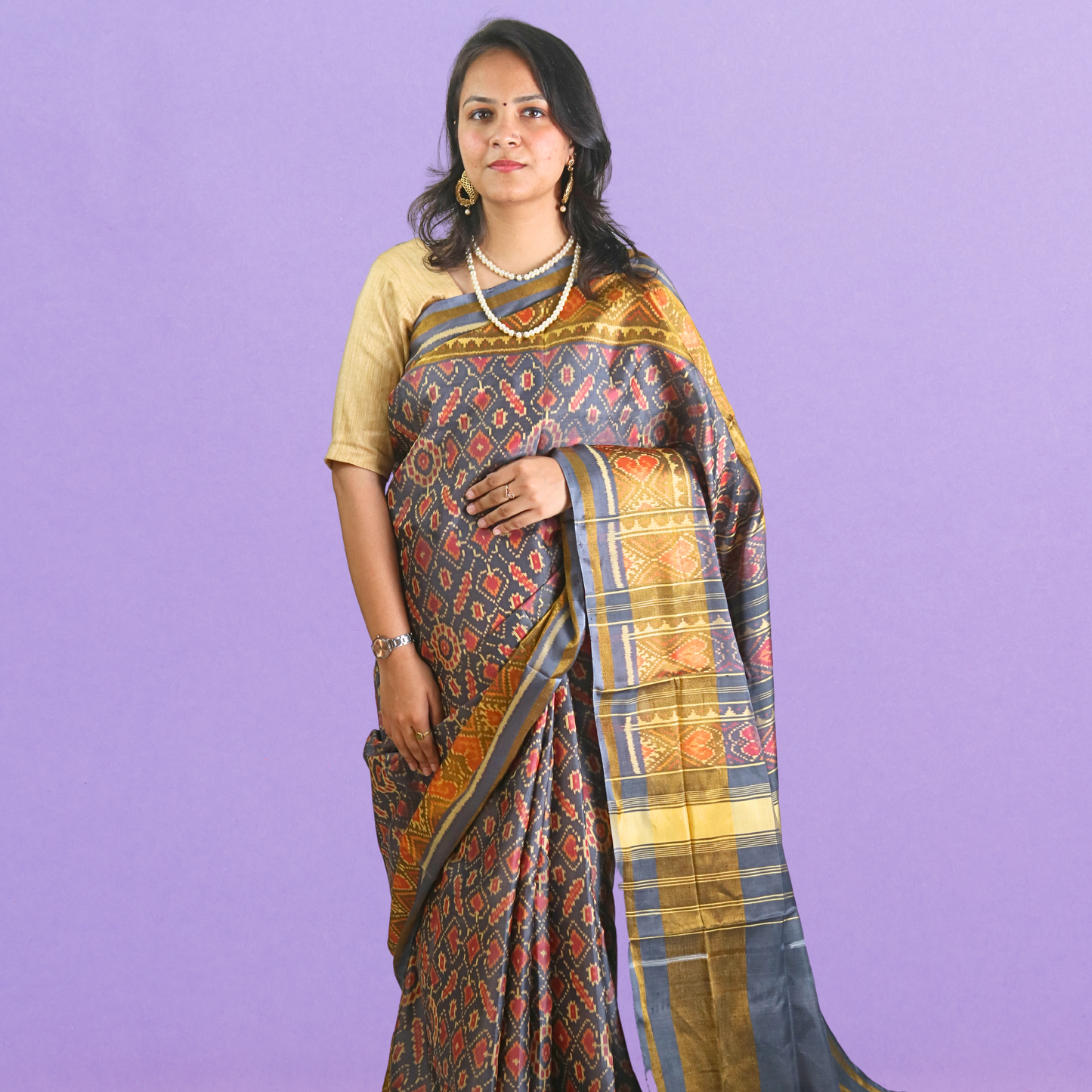 Silk Neptail Patola Saree Gray with blouse