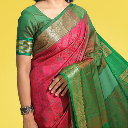 Saree Resham Tanchhui with blouse Magaenta with Green Border Pallu