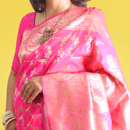 Saree Upada Alphi Dungla with blouse Dark Pink with Golden Jal