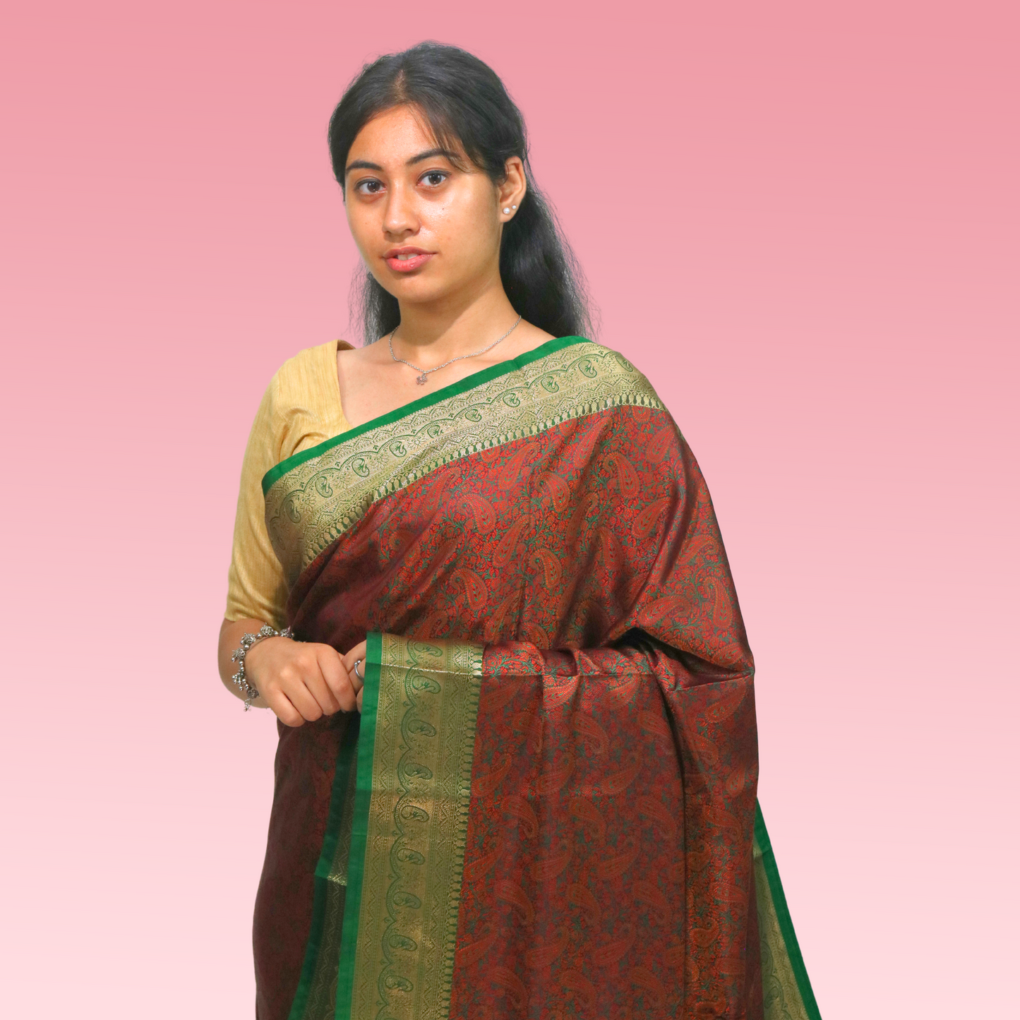 Saree Resham Tanchhui with blouse Rust with Green Border