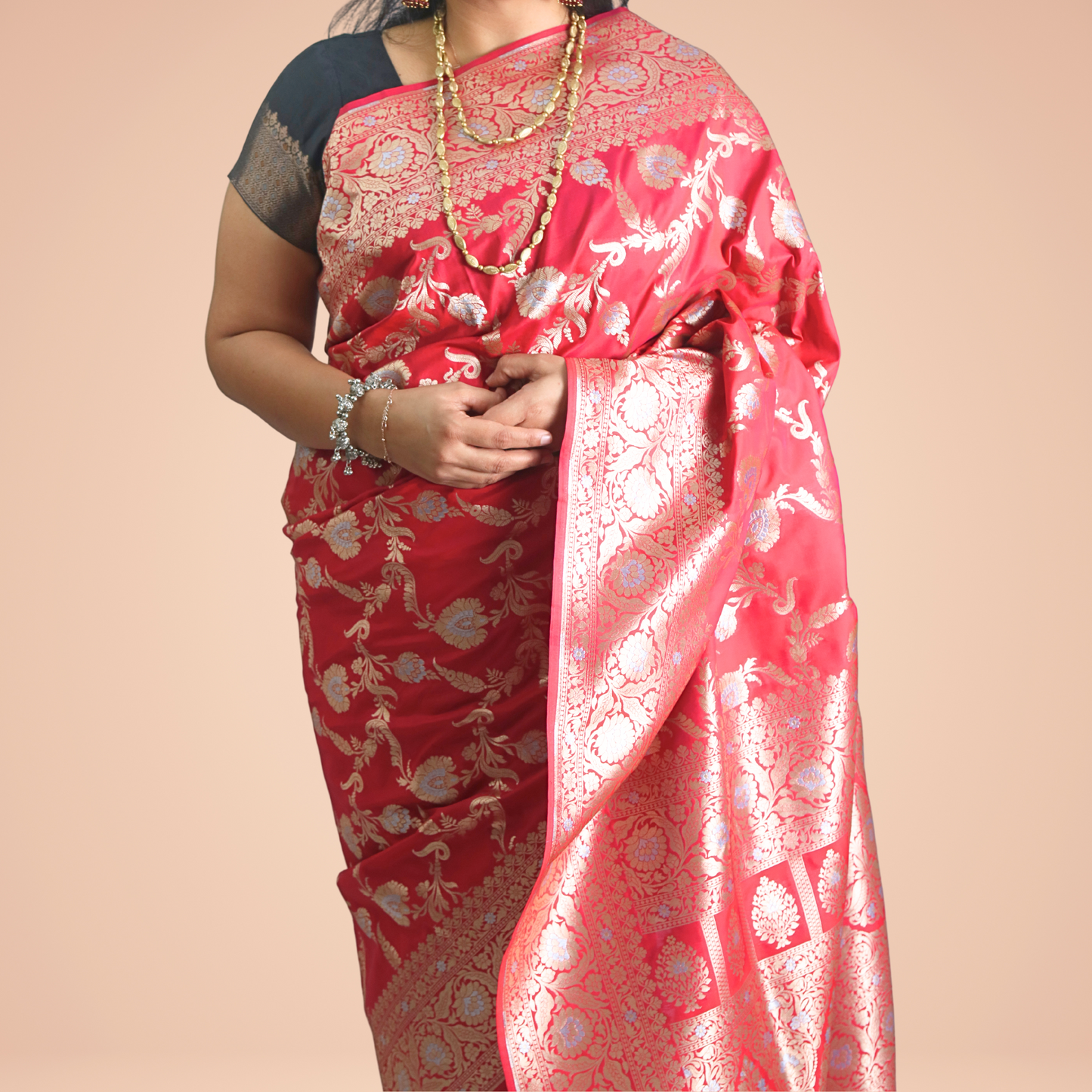 Saree Upada Alphi Dungla with blouse Red with Golden Jal