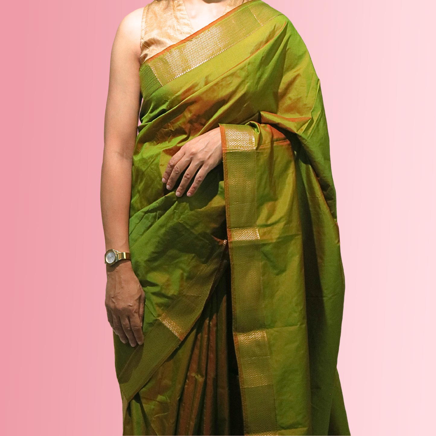 Plain Silk Border Saree with blouse Mahndi Green