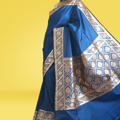 Saree Meshru Silk with Blouse Blue with Golden Pallu Boarder