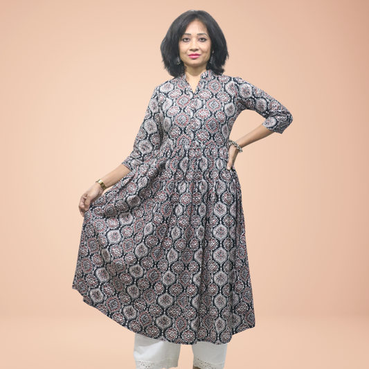 Long Kurta Printed Cotton Black