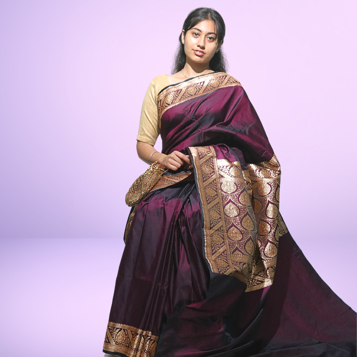 Saree Meshru Silk with blouse Dark Purple Plan Body with Heavy Pallu