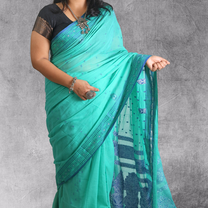 Cotton Bomkai Green Saree with blouse