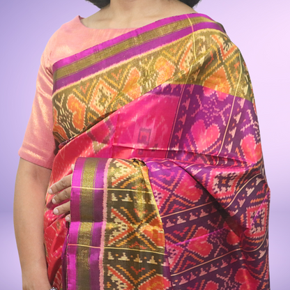 Silk Border Pallu Saree with blouse Pink body with Purple Pallu Border