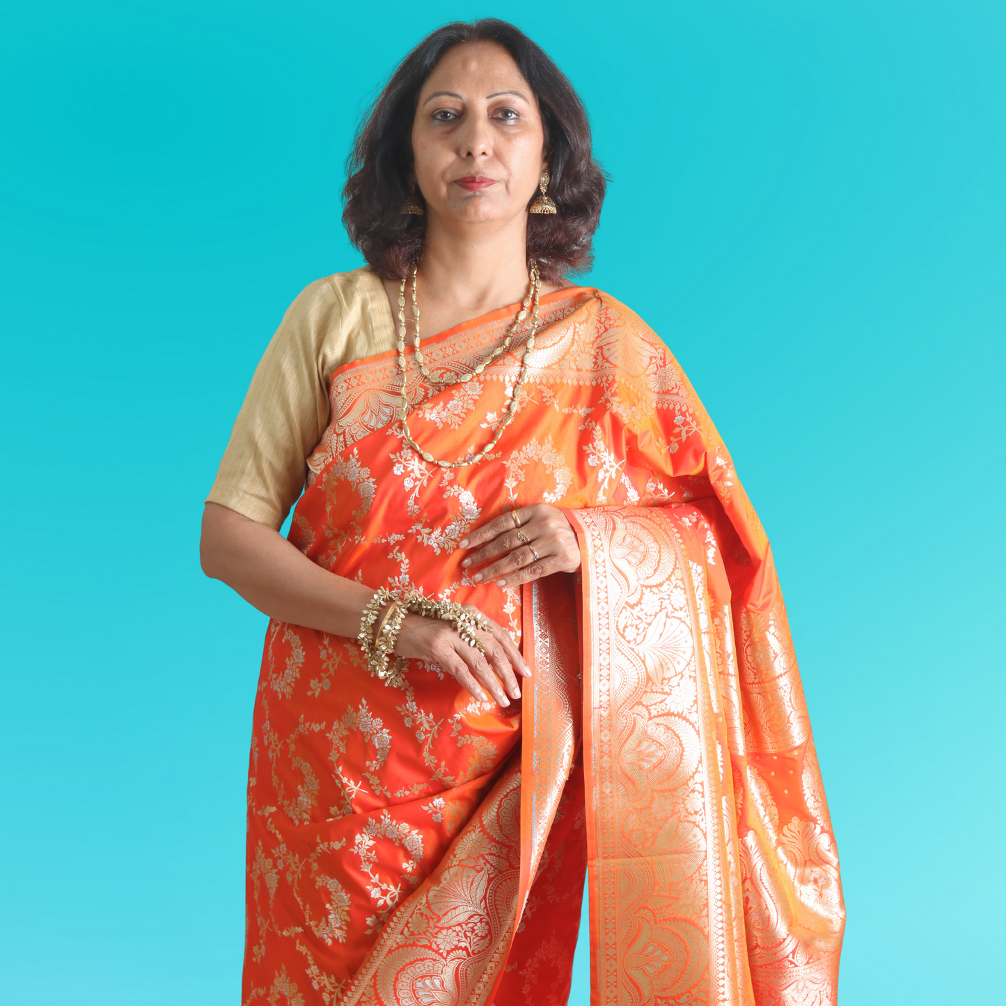 Saree Upada Alphi Dungla with blouse Orange with Golden Jal