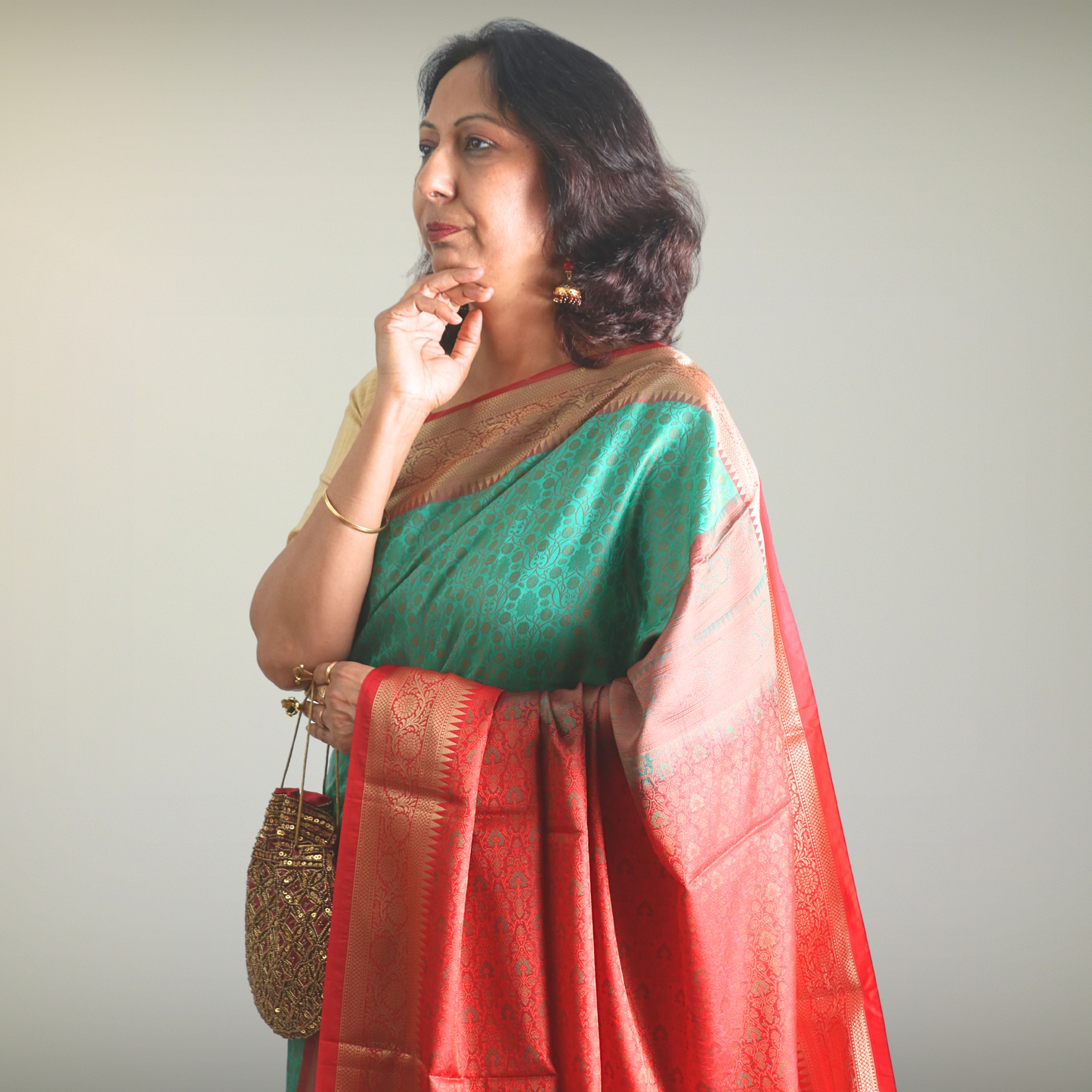 Saree Resham Tanchhui with blouse Green with Red Border Pallu