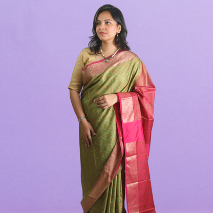 Saree Resham Tanchhui with Blouse Green with Mageanta Pallu