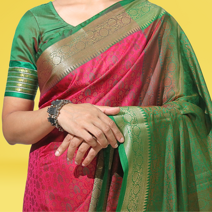 Saree Resham Tanchhui with blouse Magaenta with Green Border Pallu