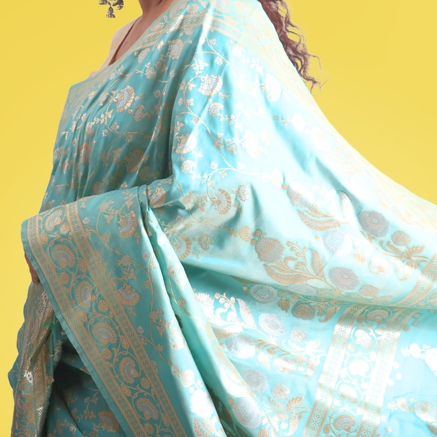 Saree Upada Alphi Dungla with blouse Marine Blue with Golden Jal