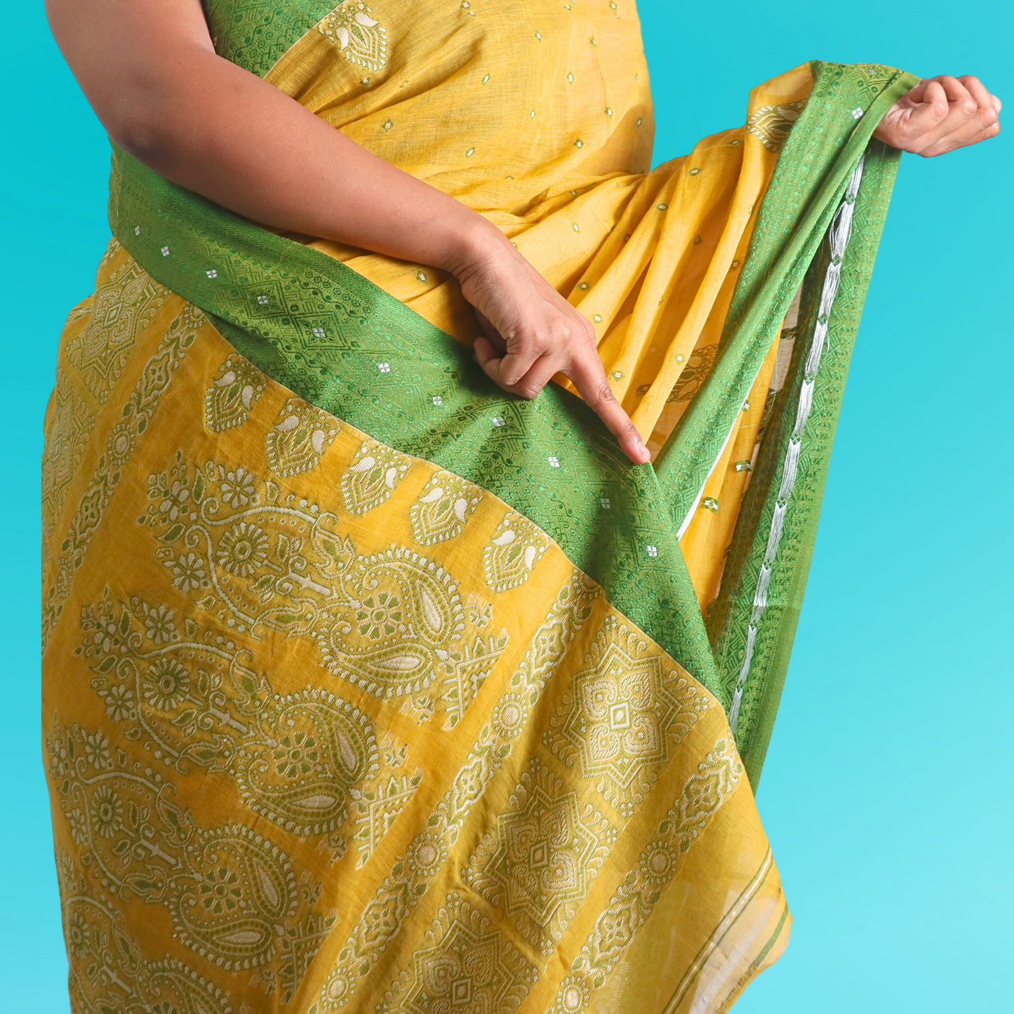 Cotton Bomkai Saree with blouse Yellow with Green Pallu Border