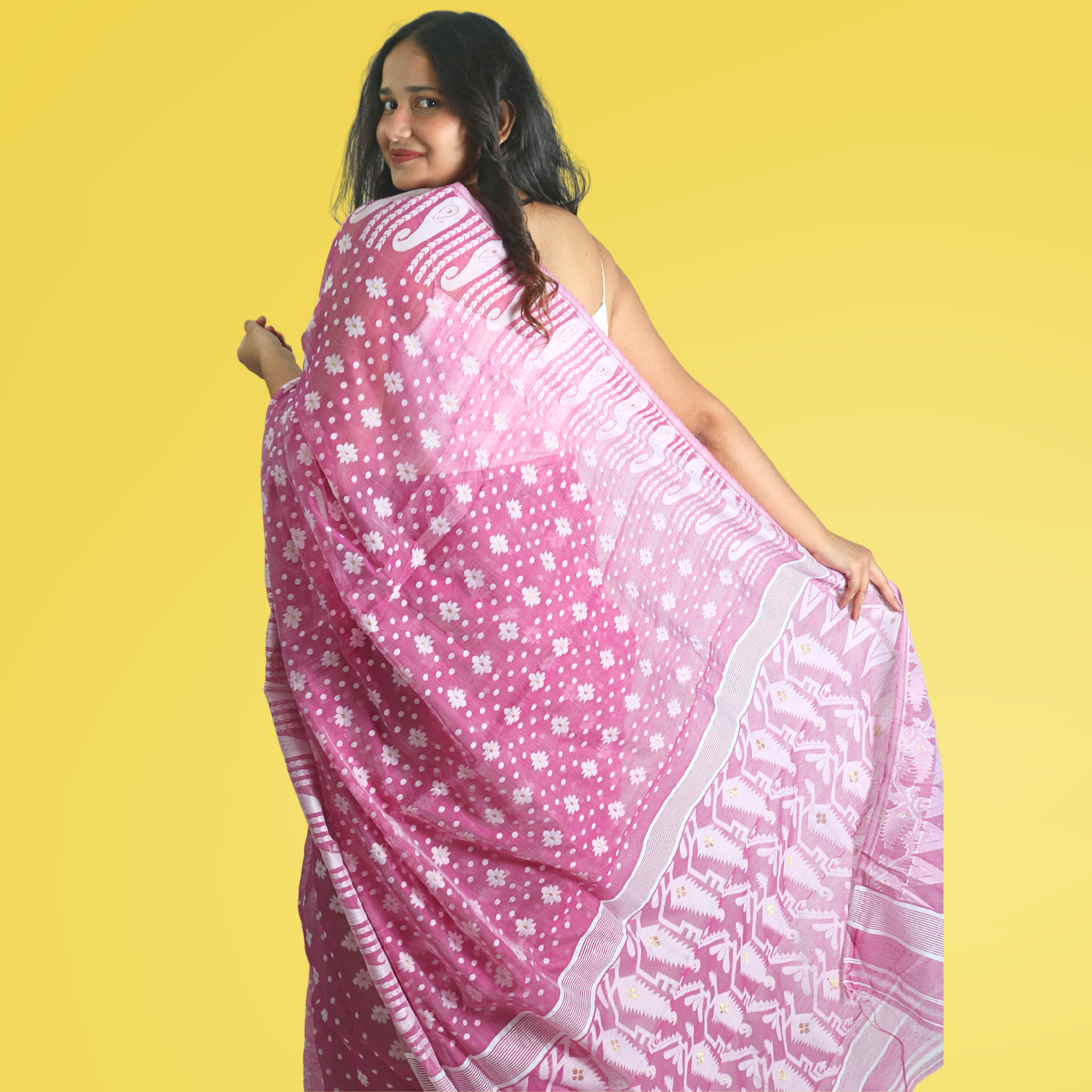 Cotton Silk Jamdani Akai Pallu Saree with blouse Light Pink