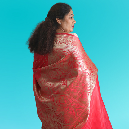 Saree Meshru Silk with Blouse Red with Golden Buti