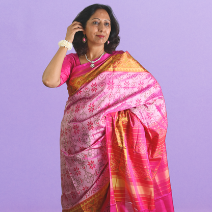 Silk Single Ikat Pink Saree with blouse