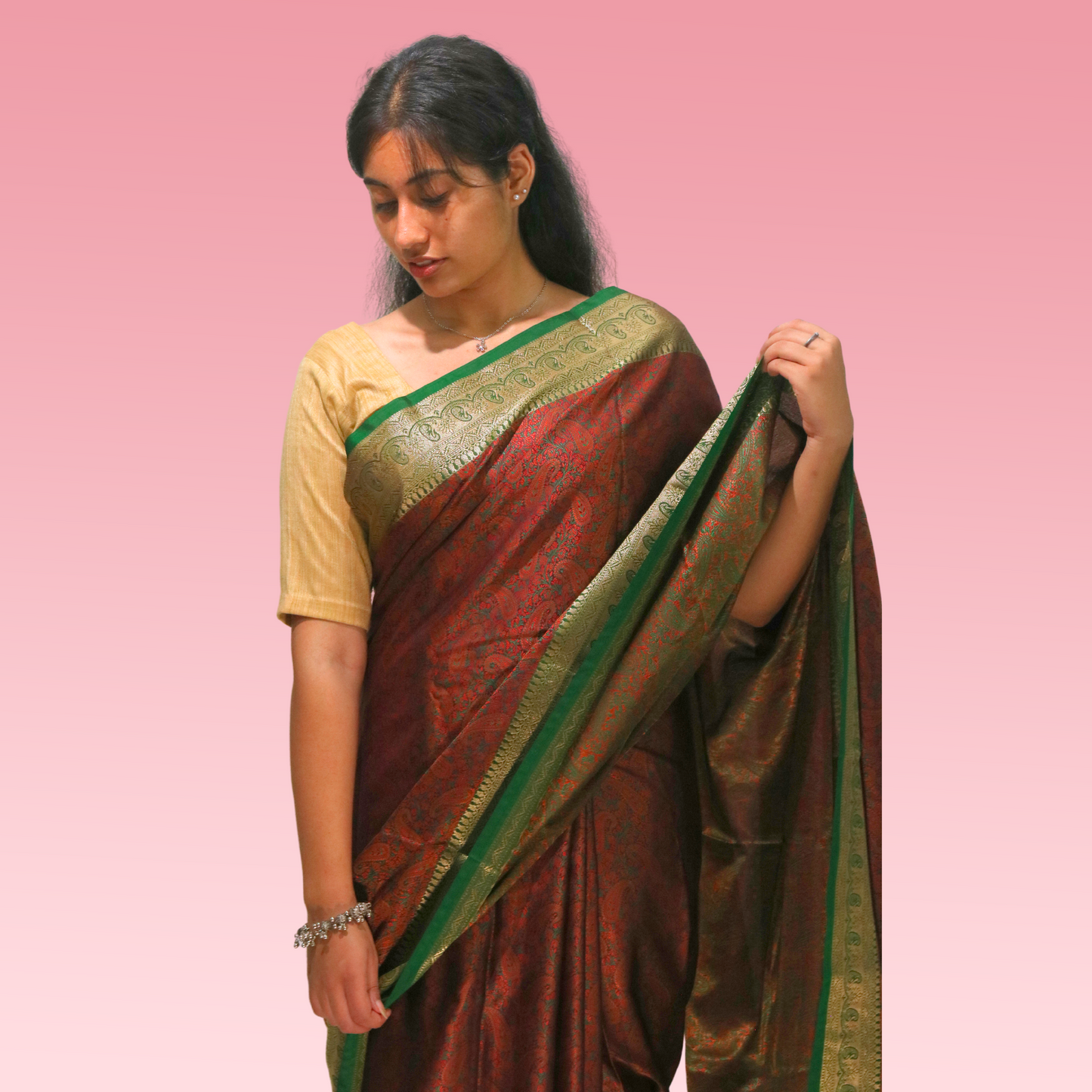 Saree Resham Tanchhui with blouse Rust with Green Border