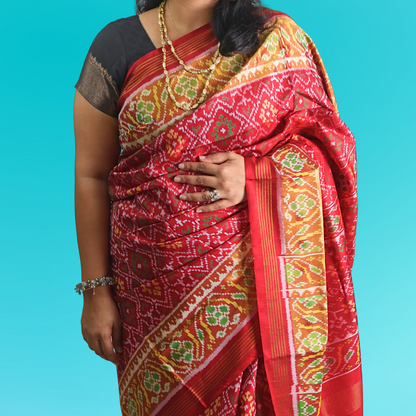 Silk Single Ikat Red Saree with blouse