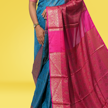 Saree Resham Tanchhui with blouse Turqoise with Magaenta Border