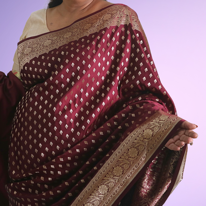 Saree Meshru Silk with blouse dark Maroon with golden Buti & Pallu Baorder