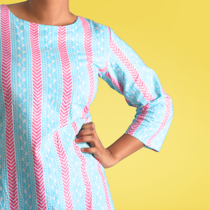 Long Kurta Printed Cotton Sky Blue