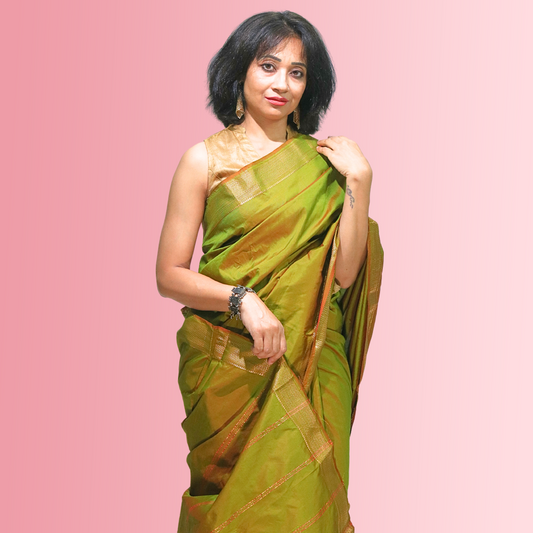 Plain Silk Border Saree with blouse Mahndi Green