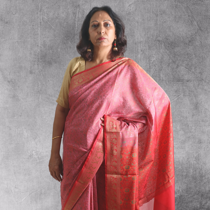 Saree Resham Tanchhui with blouse Pink with Red Border Pallu